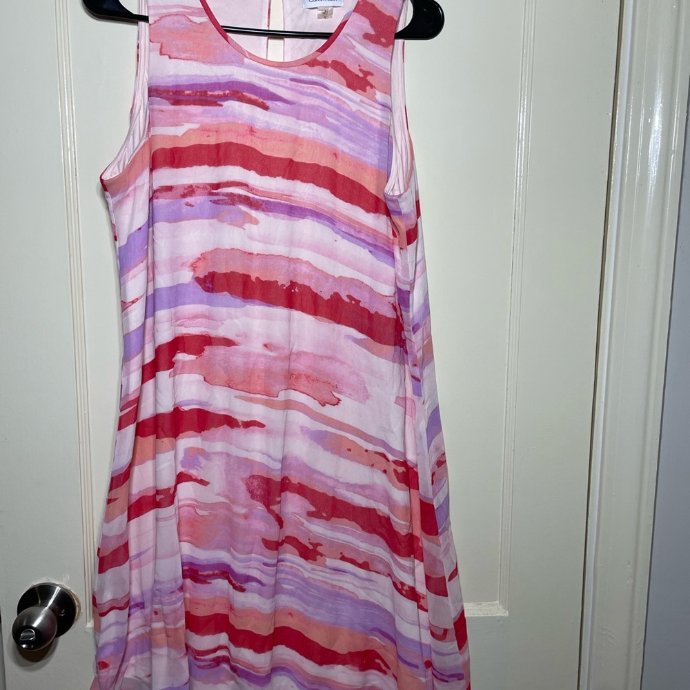 Calvin Klein Sleeveless Watercolor Stripe Dress in Pink, Red & Lavender